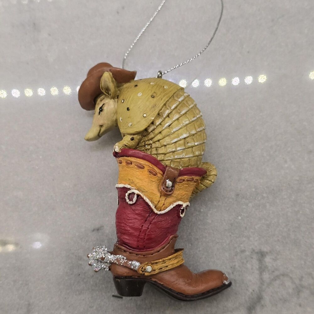 Armadillo Christmas Ornament Midwest CBK Cowboy  Resin Glitter Boot Novelty 4"